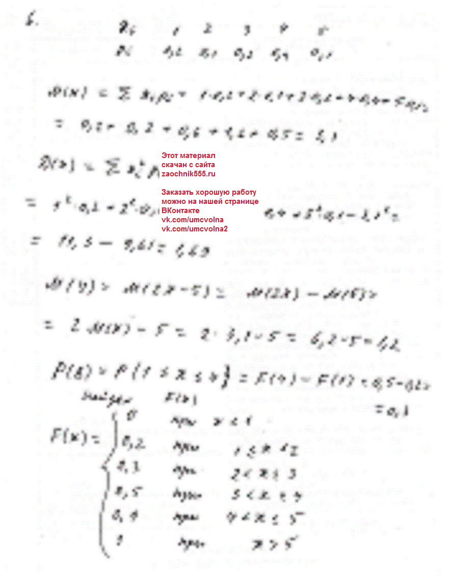       :
xi	1	2	3	4	5
pi	0,2	0,1	0,2	0,4	0,1
   B={1<=X<4}, M(X), D(X), M(Y),  Y=2X-5.