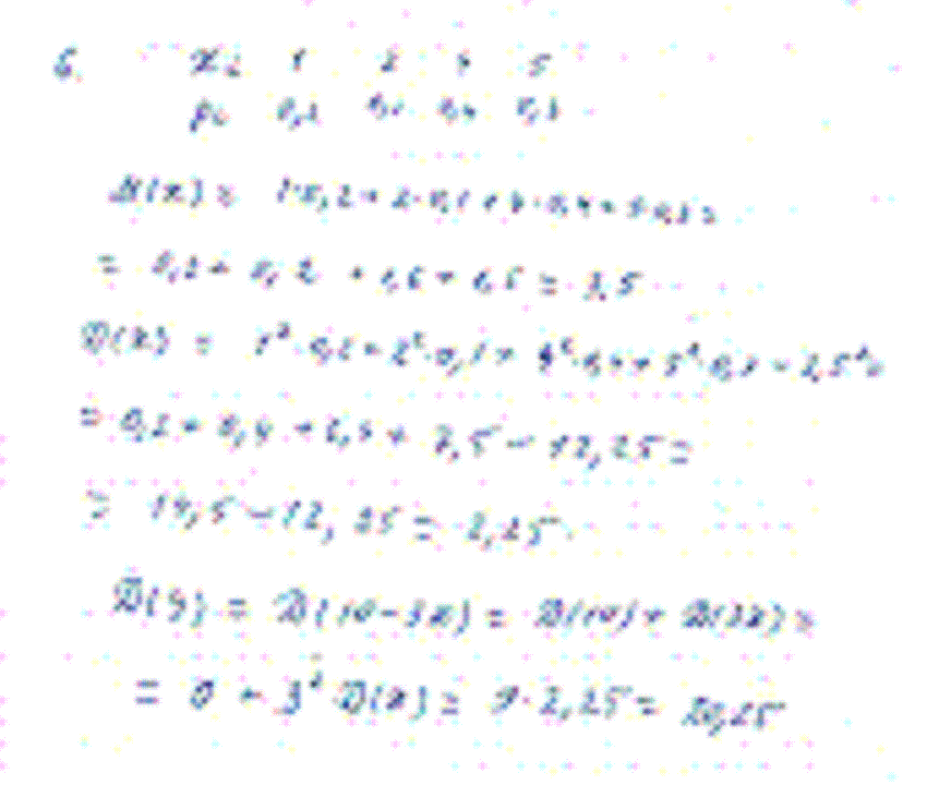      .
xi	1	2	4	5
pi	0,2	0,1	0,4	0,3
 M(X), D(X),  D(Y)   Y=10-3X.